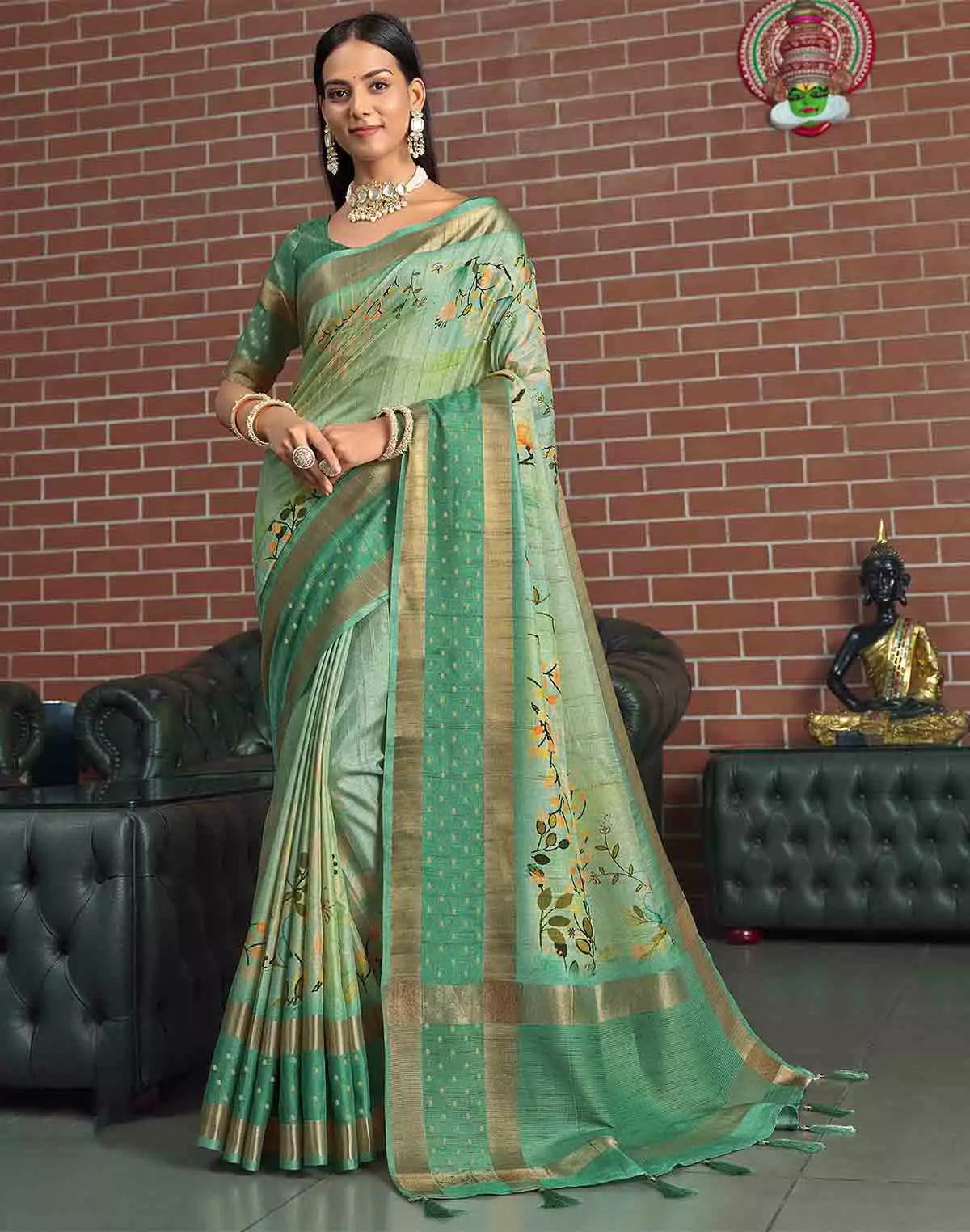 Image of Jute Silk Saree with Digital Print and Green Colour