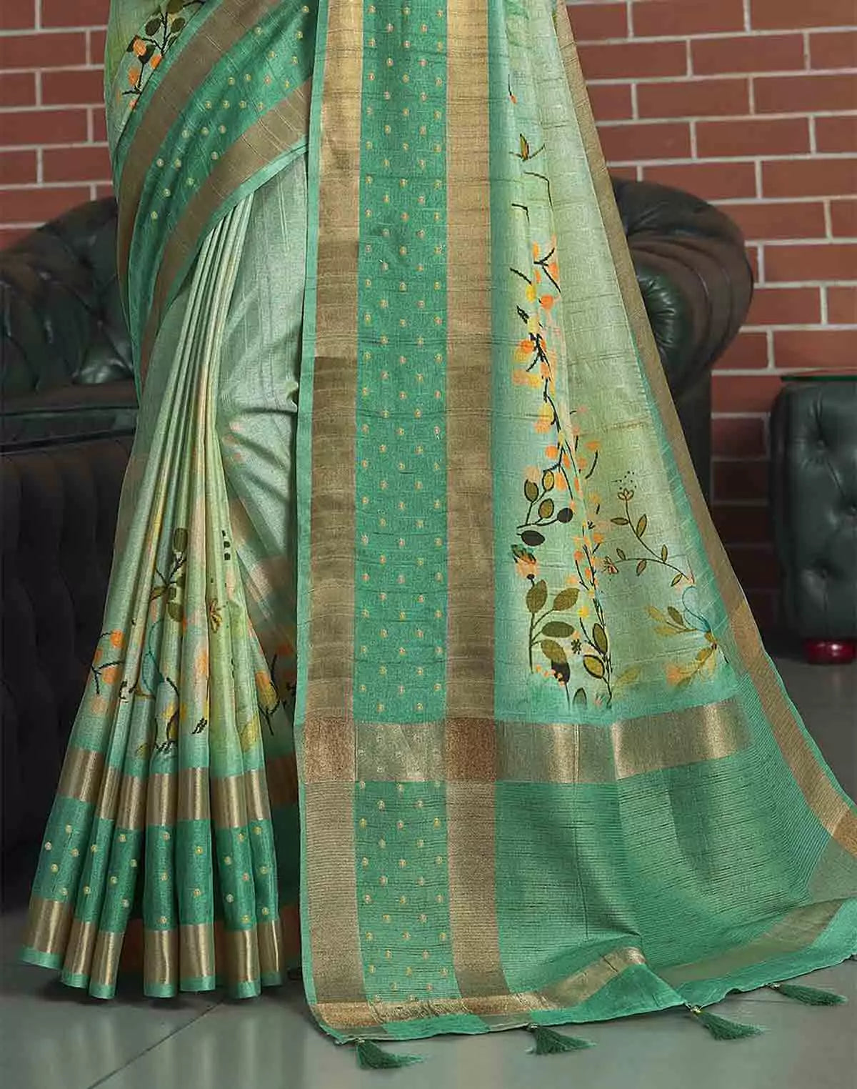 Image of Jute Silk Saree with Digital Print and Green Colour