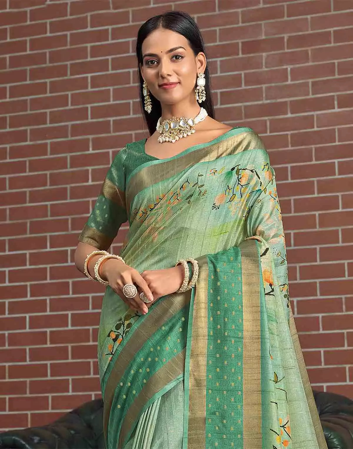 Image of Jute Silk Saree with Digital Print and Green Colour