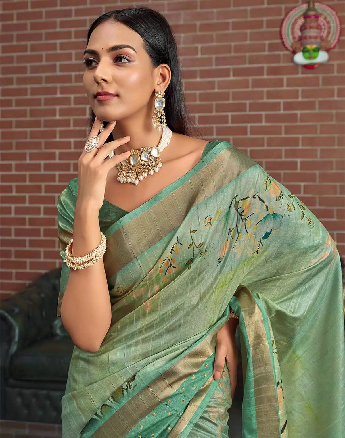 Image of Jute Silk Saree with Digital Print and Green Colour