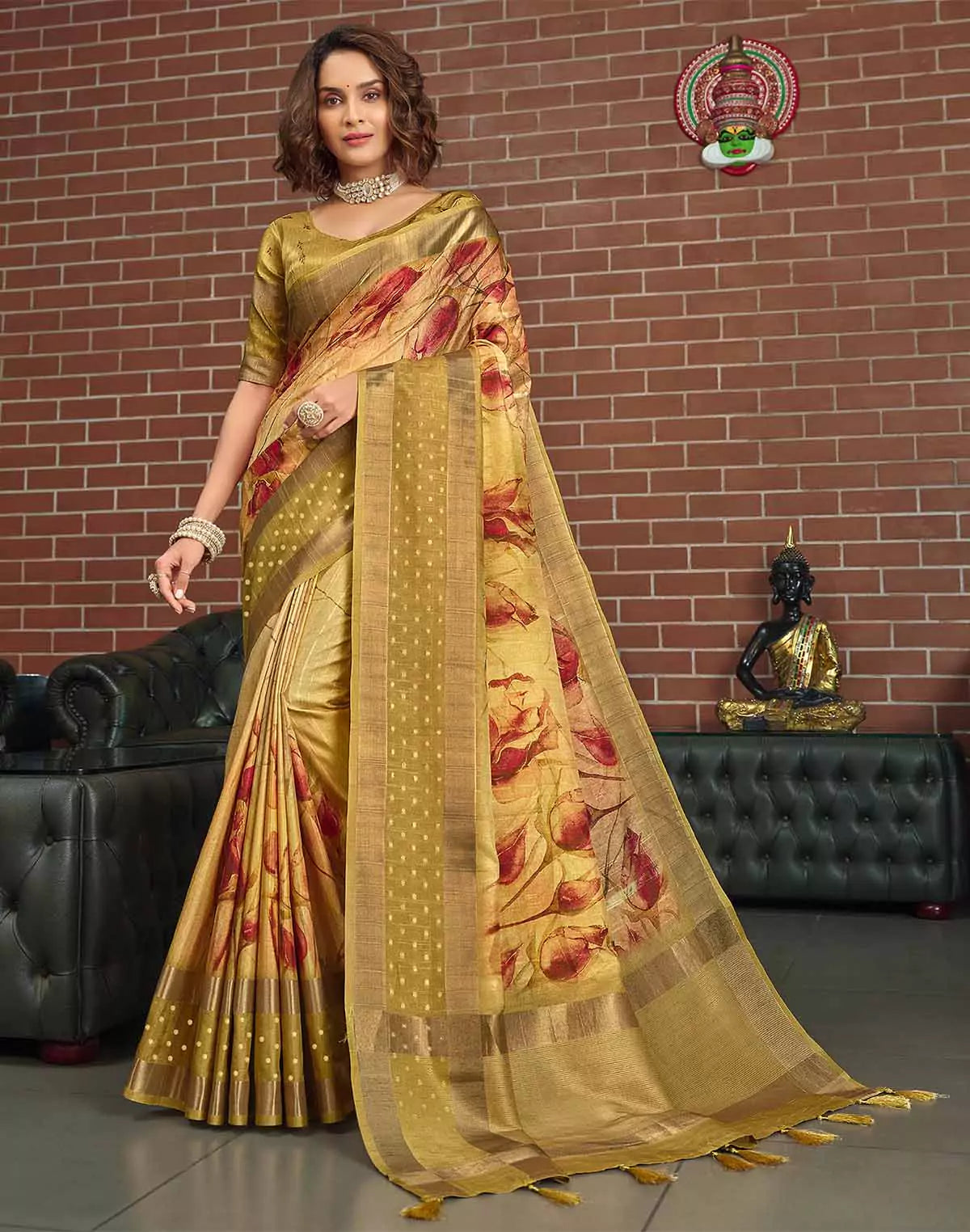 Image of Gold Digital Print Art Jute Silk Saree