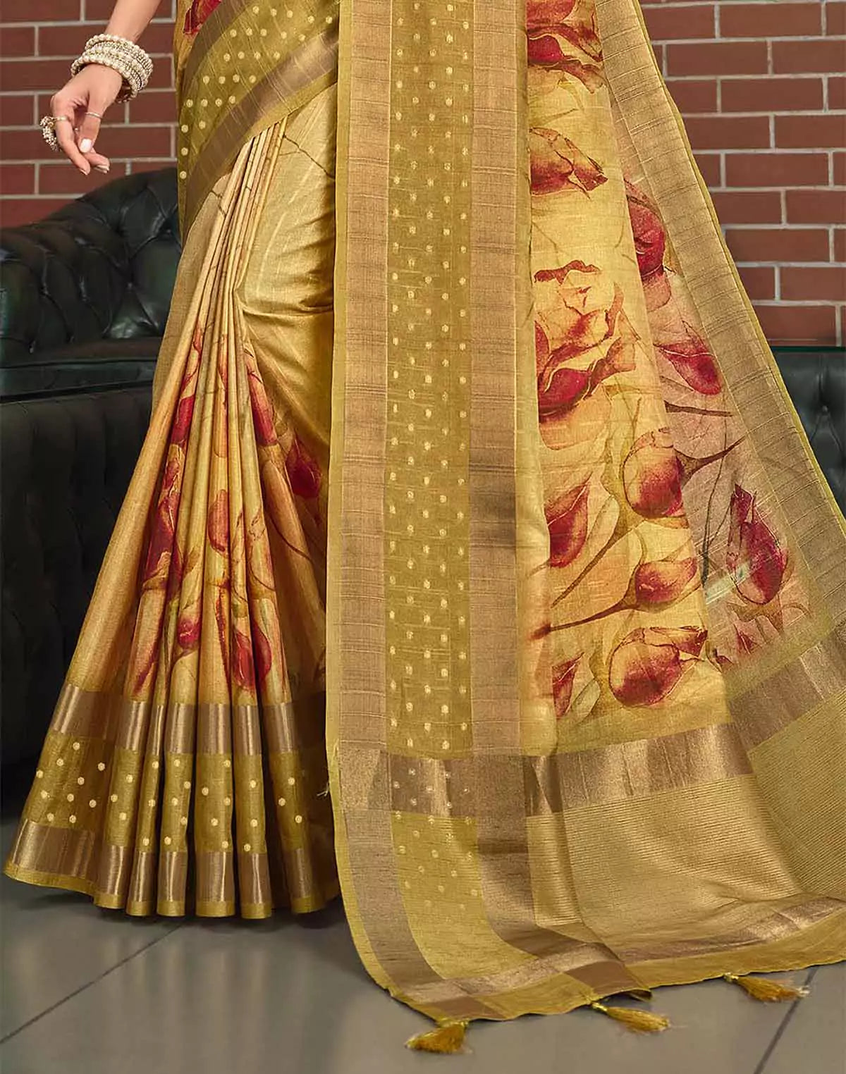 Image of Gold Digital Print Art Jute Silk Saree