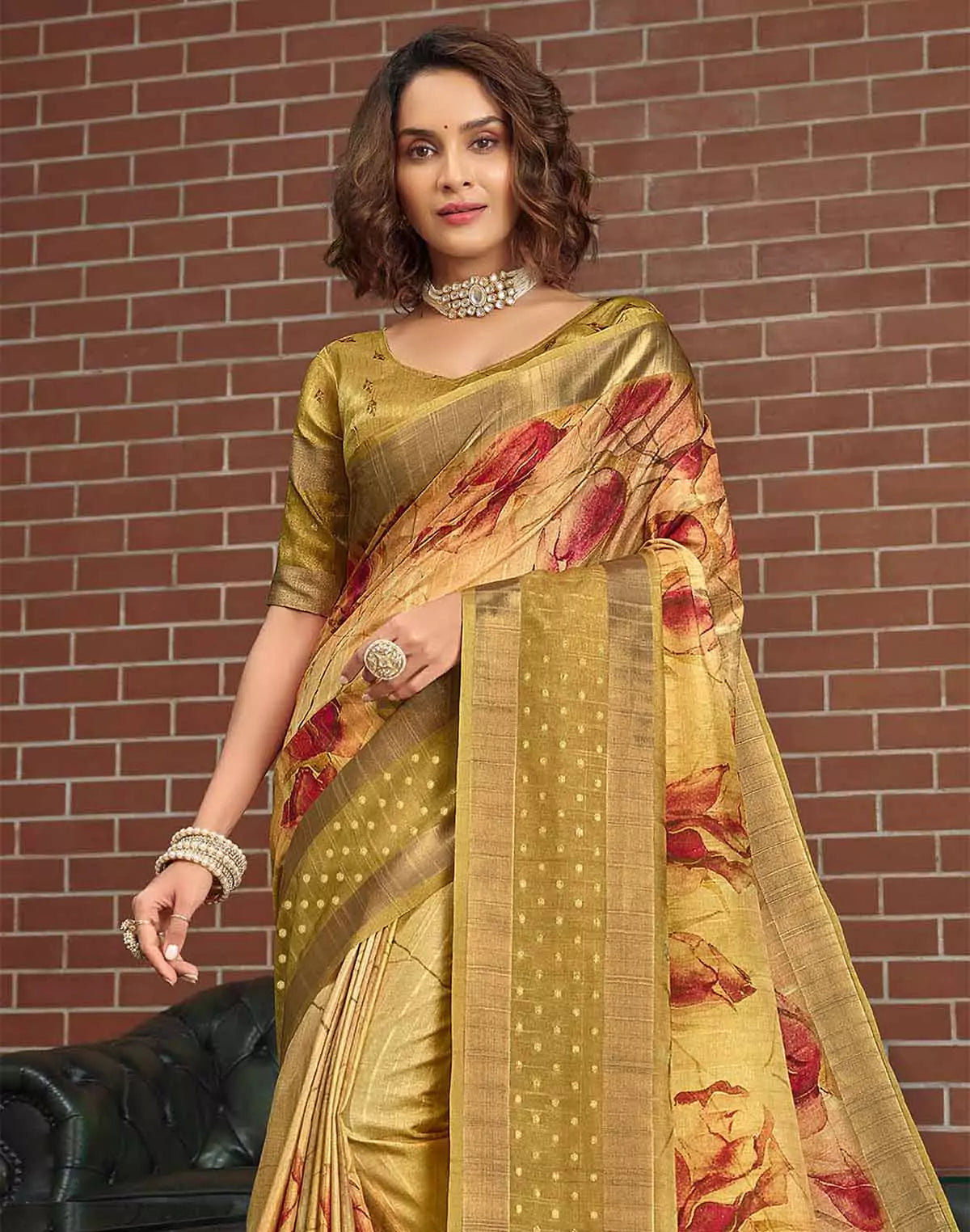 Image of Gold Digital Print Art Jute Silk Saree