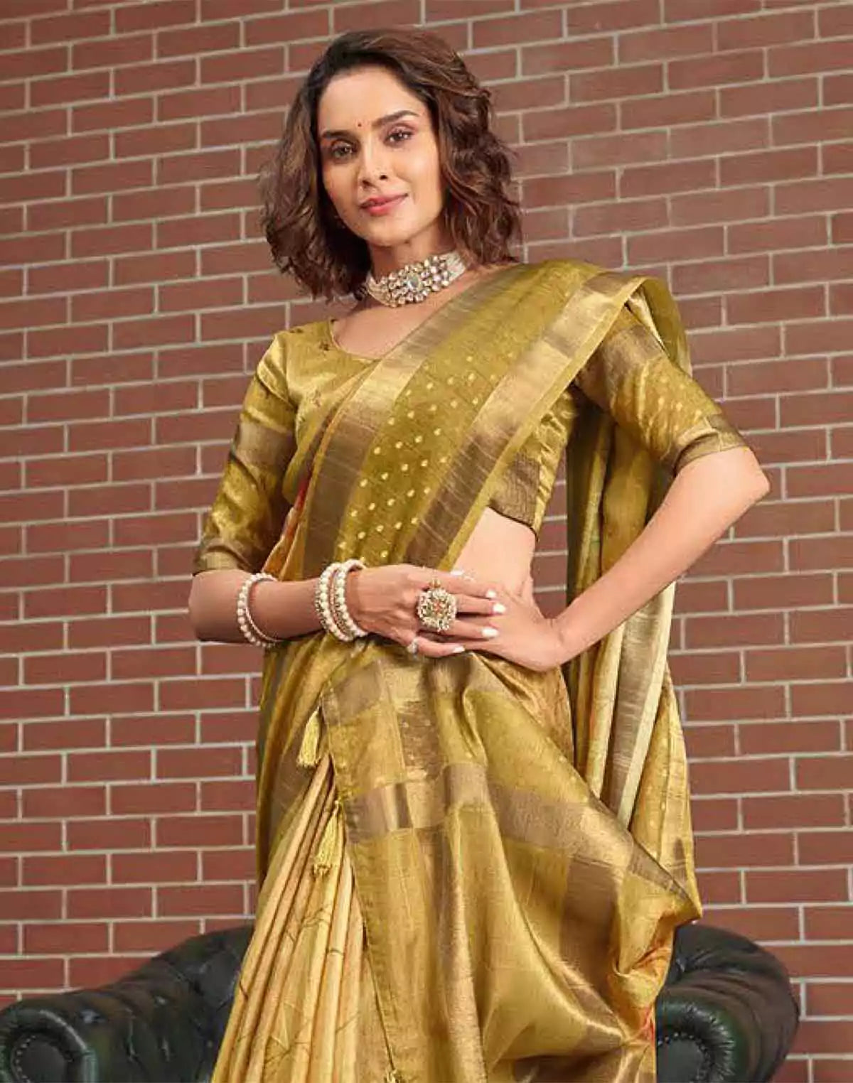 Image of Gold Digital Print Art Jute Silk Saree