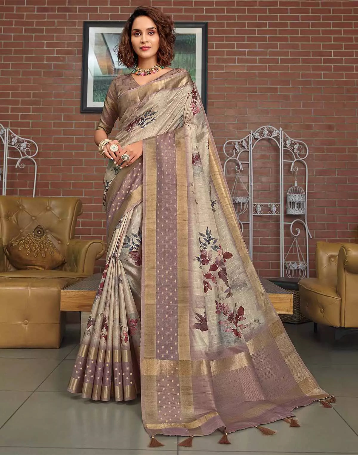 Image of Light Grey Digital Print Jute Silk Saree