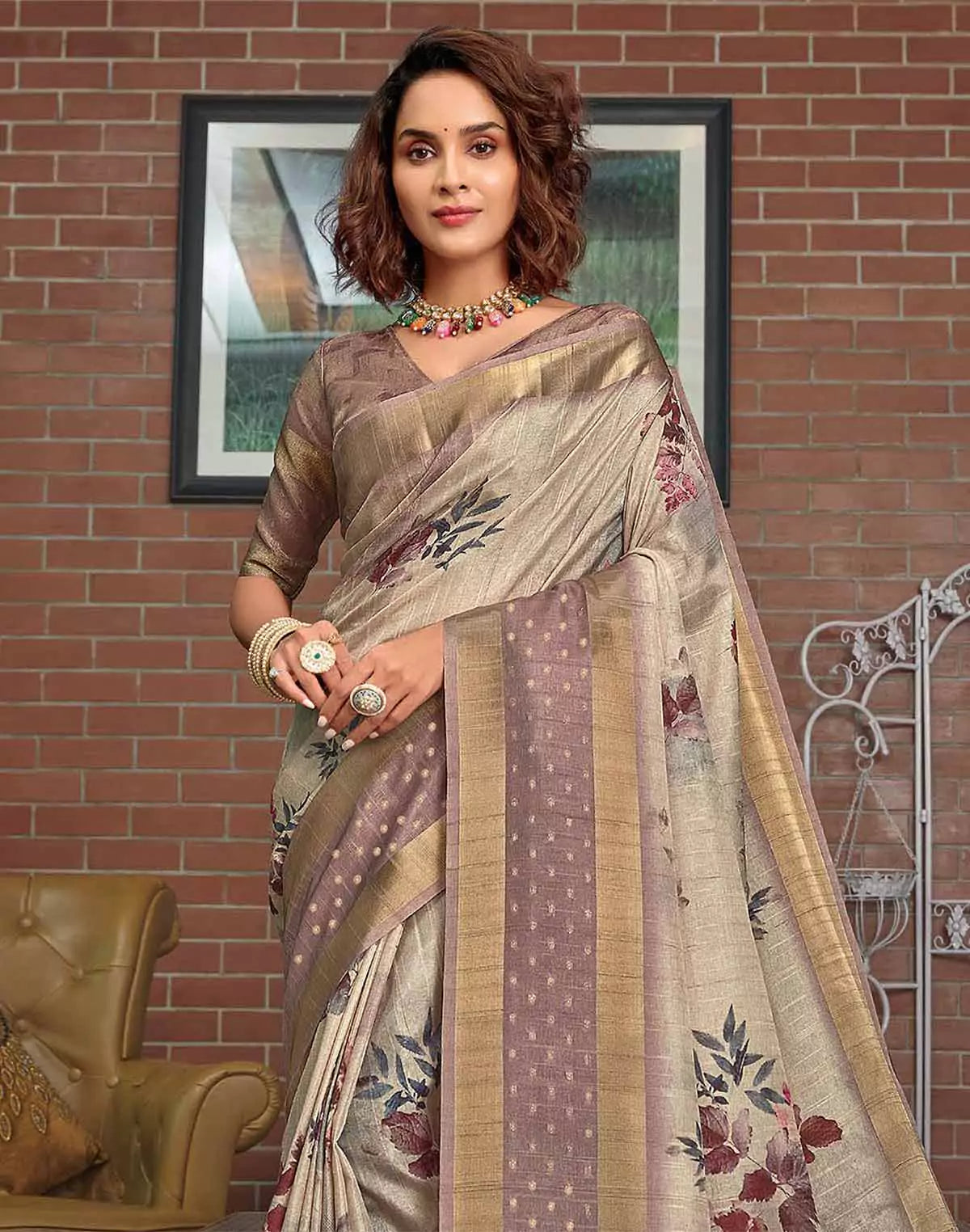 Image of Light Grey Digital Print Jute Silk Saree