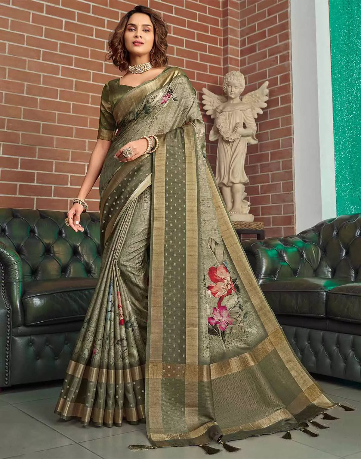 Image of Olive Green Jute Silk with Digital Print Saree