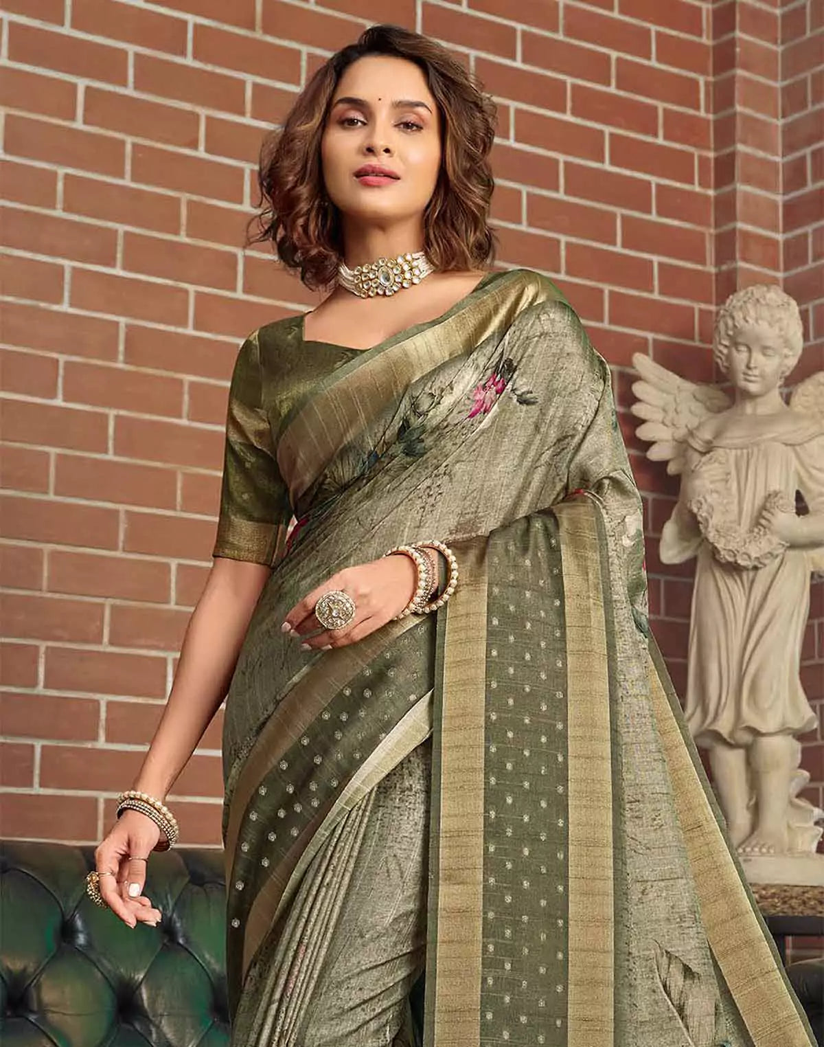 Image of Olive Green Jute Silk with Digital Print Saree
