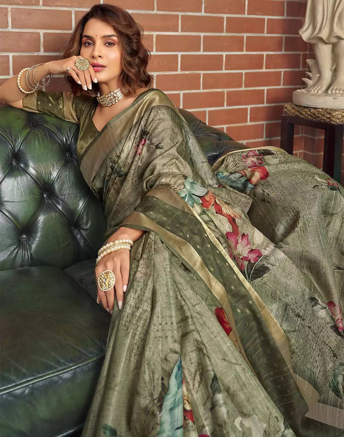 Image of Olive Green Jute Silk with Digital Print Saree