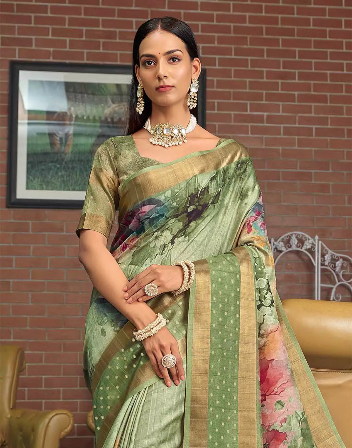 Image of Jute Silk Floral Digital Print Mehendi Green Saree
