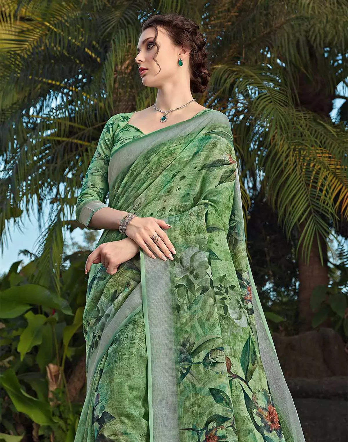 Image of Digital Print Cotton Linen Saree with Floral Blouse Piece