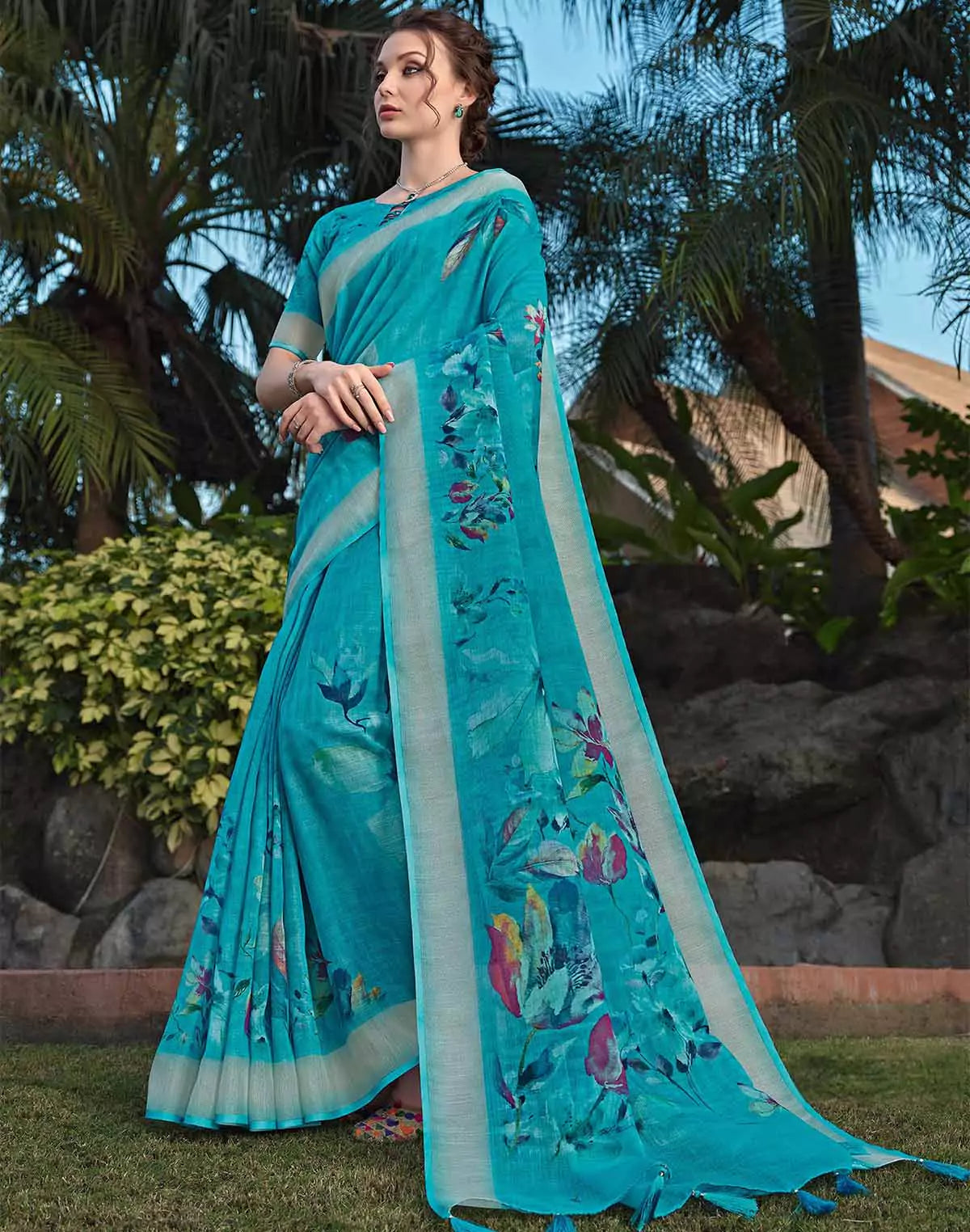 Image of Graceful Green Linen Designer Saree