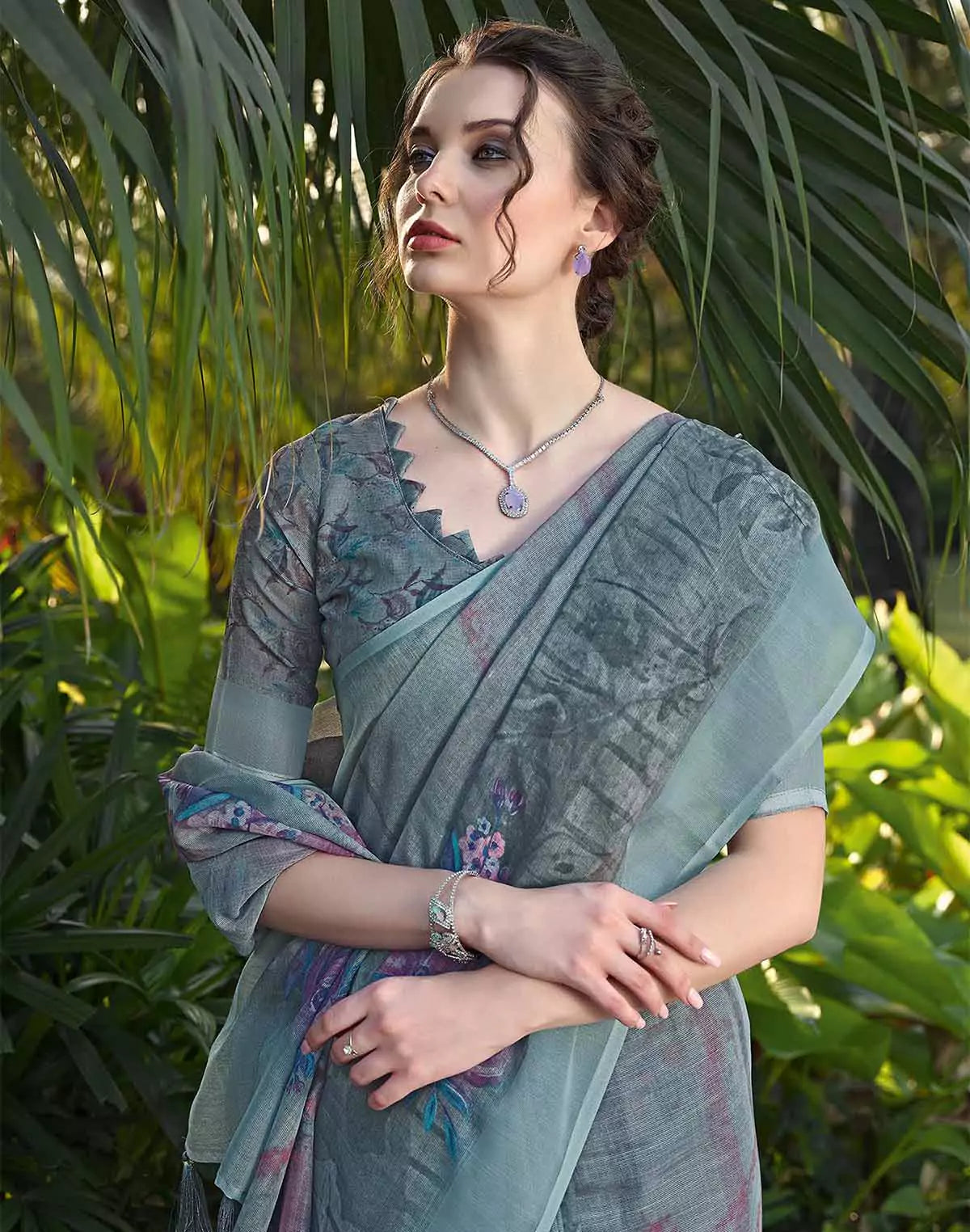 Image of Sky Blue Color Linen Cotton Floral Saree