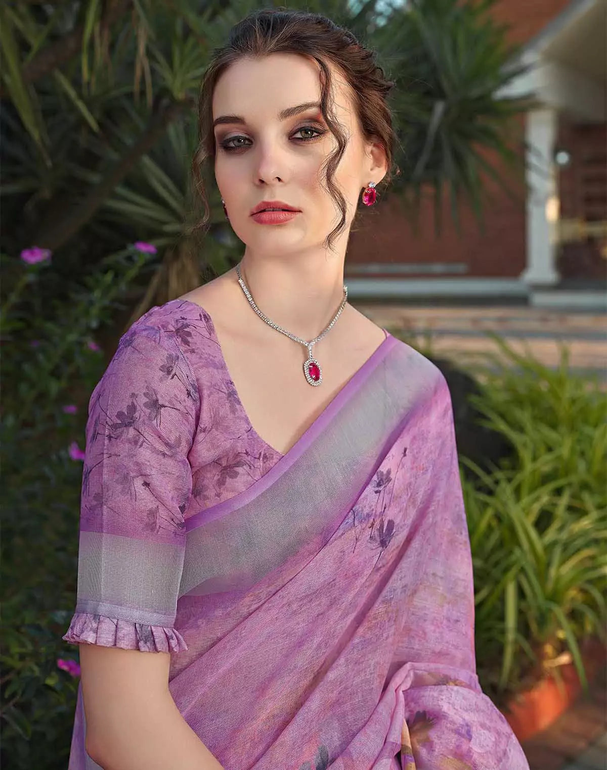 Image of Mesmerizing Light Pink Floral Linen Cotton Saree