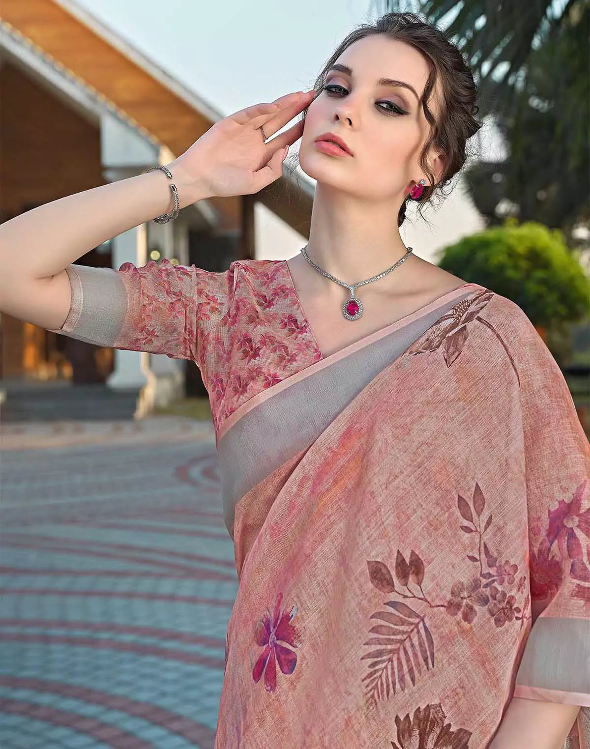 Image of Designer Orange Floral Linen Cotton Saree