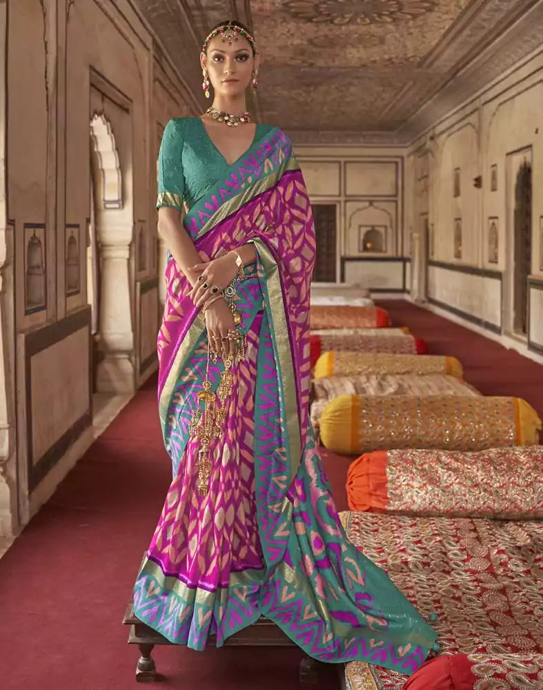 Image of Pink Ikat Print Pattern smooth Dola Silk Saree