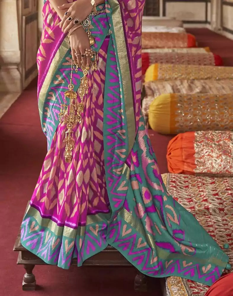 Image of Pink Ikat Print Pattern smooth Dola Silk Saree
