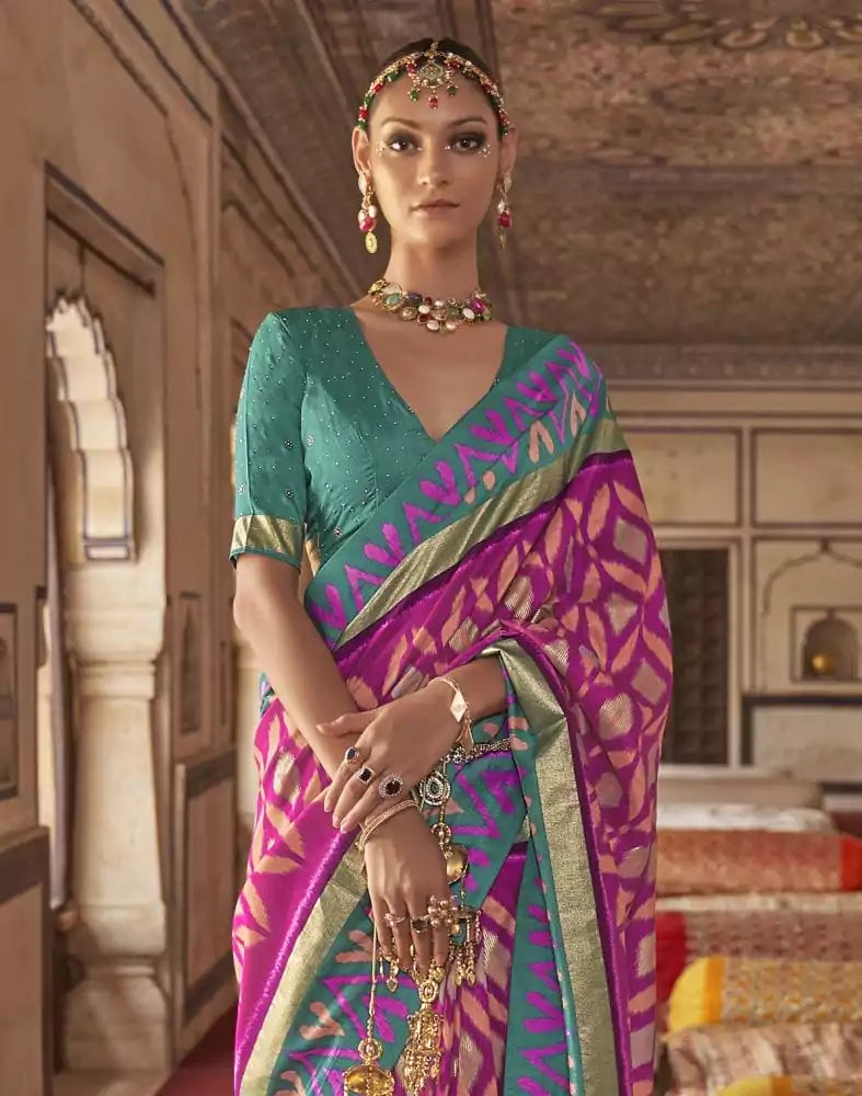 Image of Pink Ikat Print Pattern smooth Dola Silk Saree