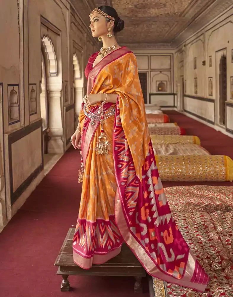 Image of Mustard Ikat Print Soft smooth Dola Silk Saree