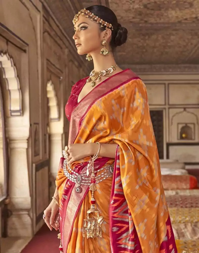 Image of Mustard Ikat Print Soft smooth Dola Silk Saree