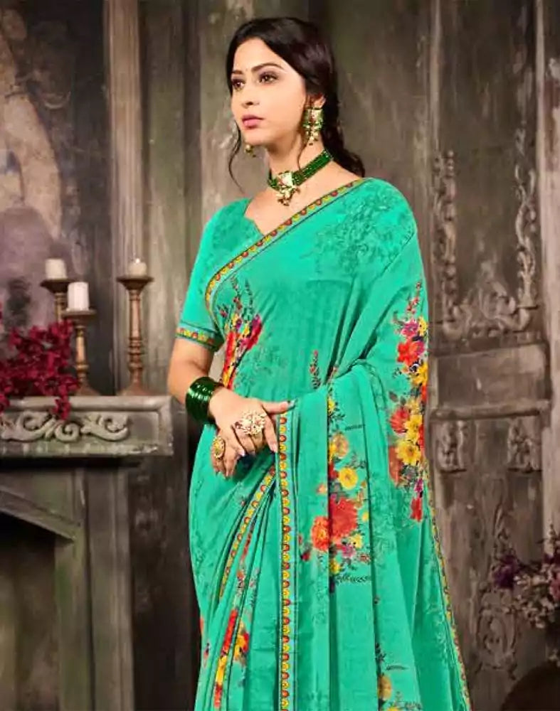 Image of Sea Green Floral Mirror Work Chiffon Saree