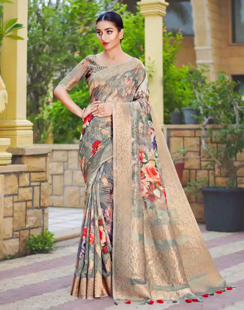 Image of Grey Digital Floral Print Lenin Jute Saree