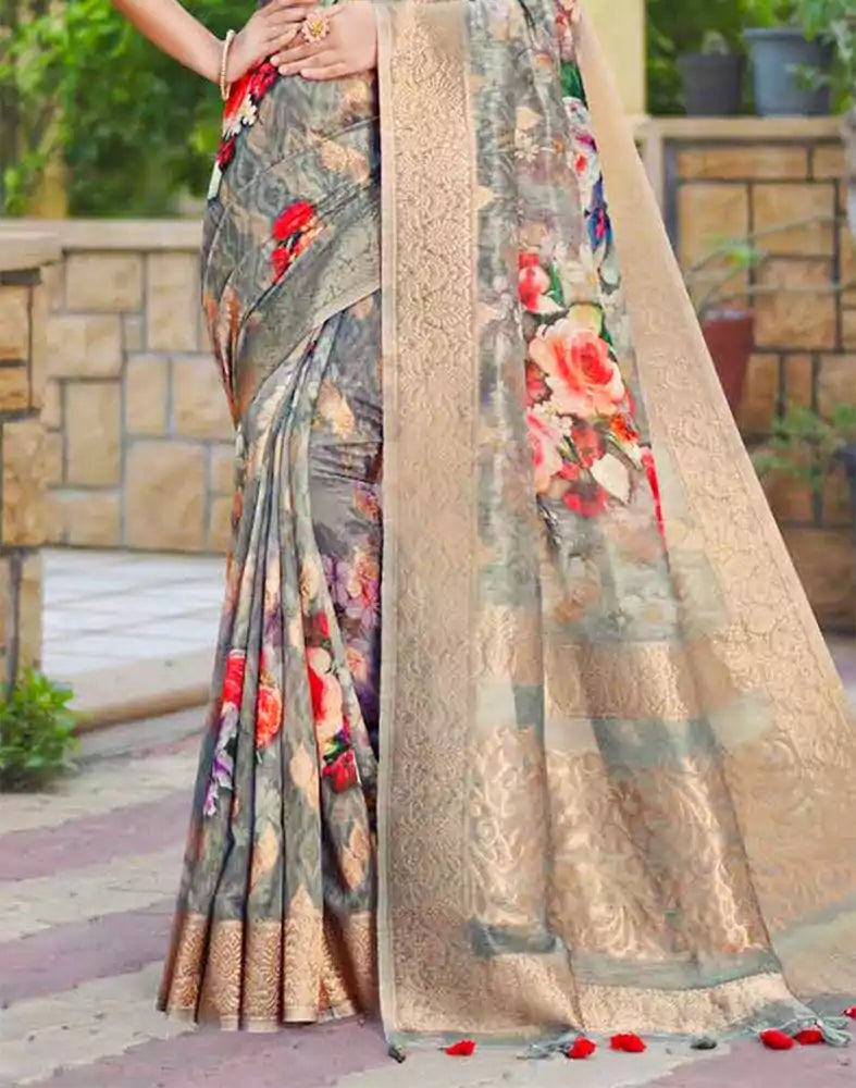 Image of Grey Digital Floral Print Lenin Jute Saree