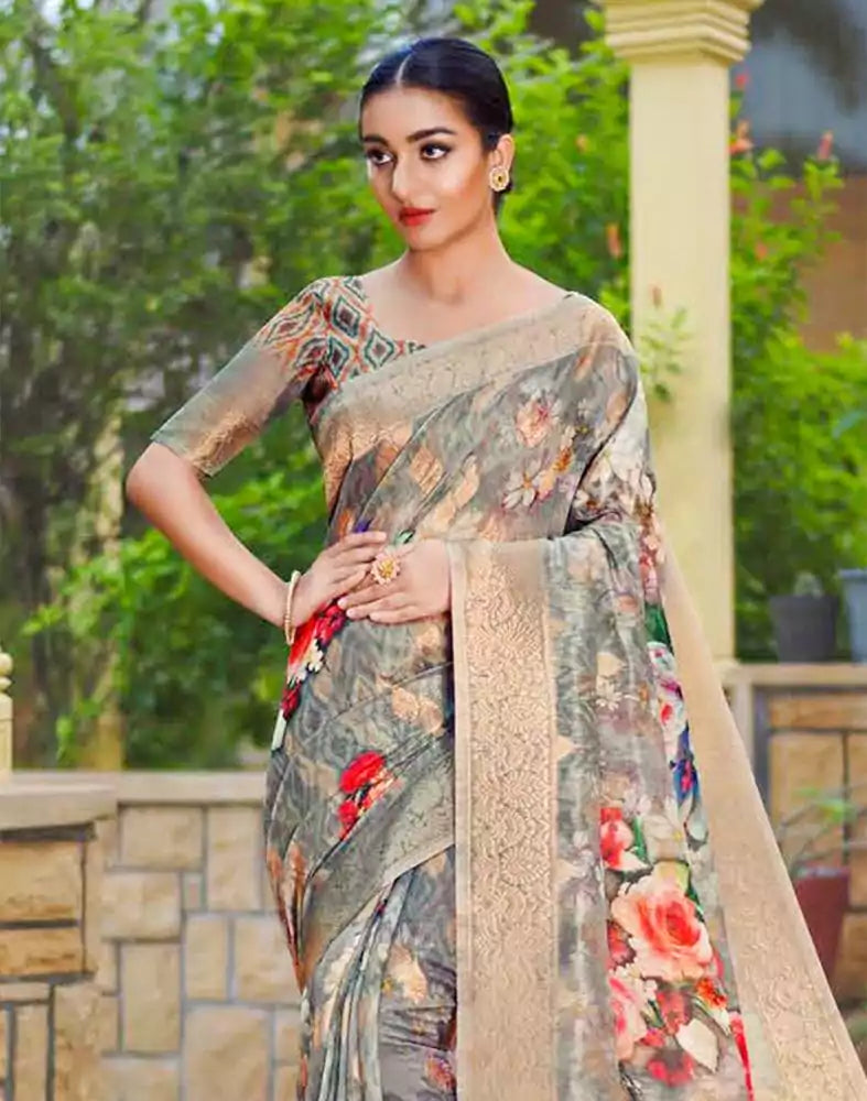 Image of Grey Digital Floral Print Lenin Jute Saree