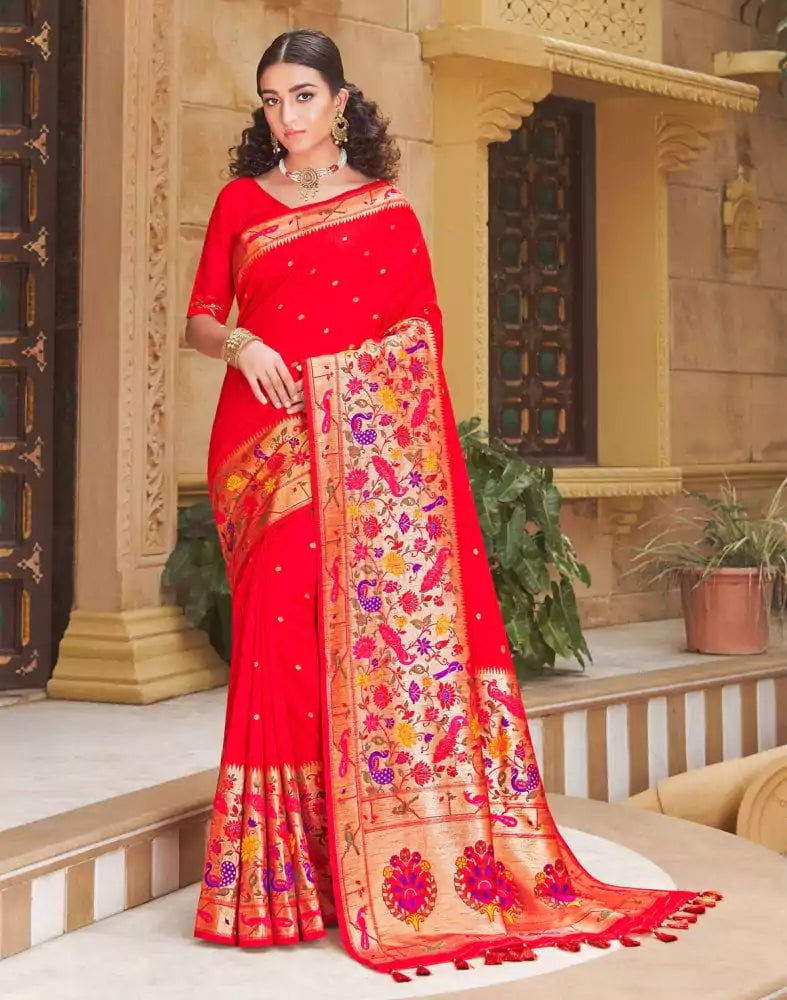 Image of Red Coloured Plain Banaras Fancy Saree