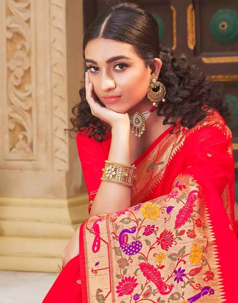 Image of Red Coloured Plain Banaras Fancy Saree