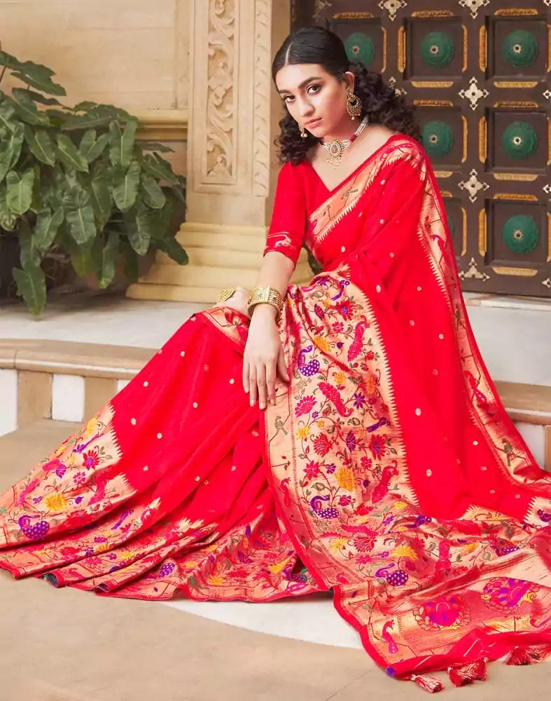 Image of Red Coloured Plain Banaras Fancy Saree