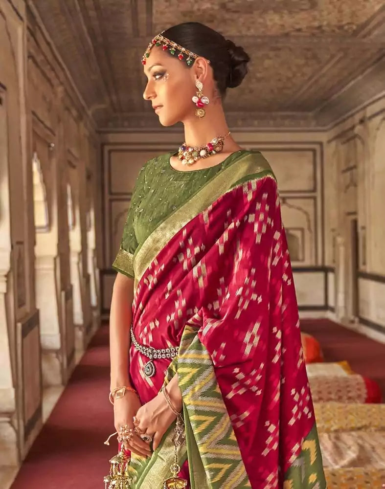 Image of Maroon Ikat Print Soft Dola Silk Fabric Saree