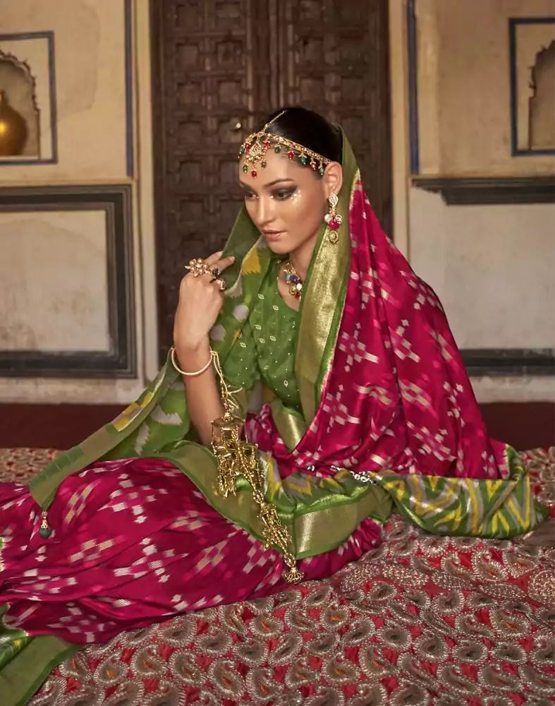 Image of Maroon Ikat Print Soft Dola Silk Fabric Saree