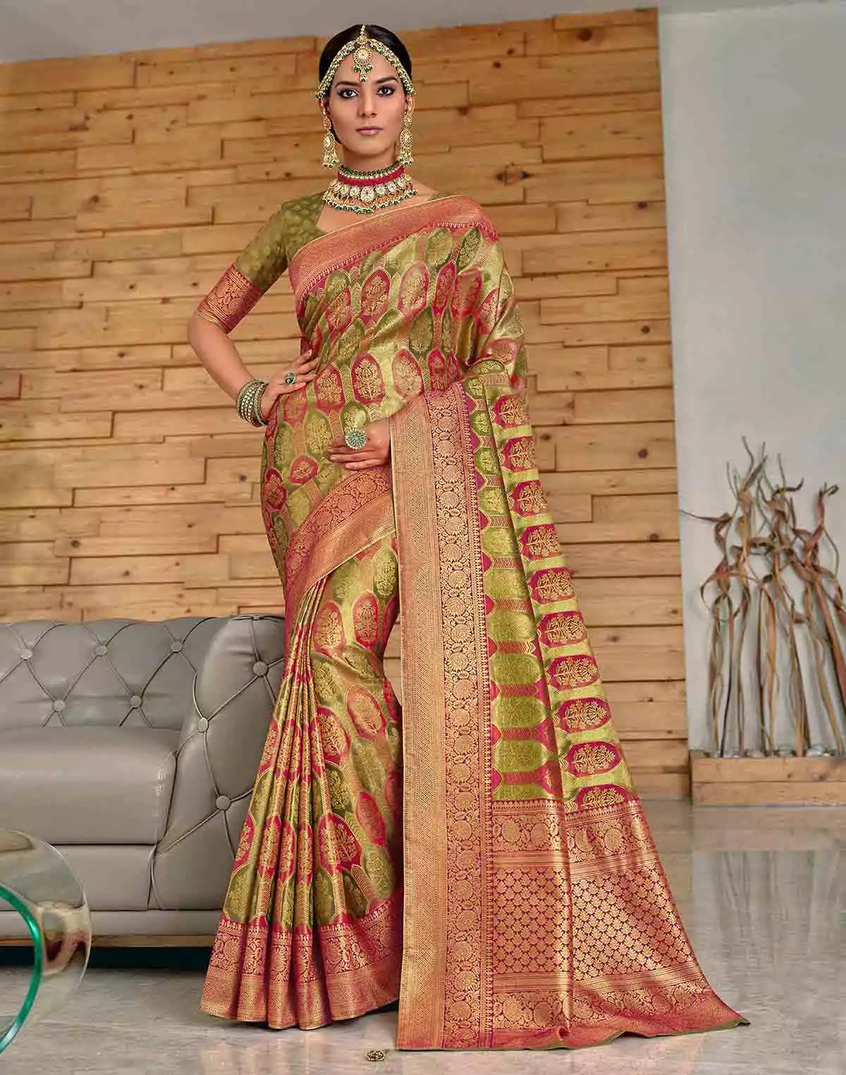 Image of Mehendi Green Botanical Meena work Padiya Banaras Tissue Saree