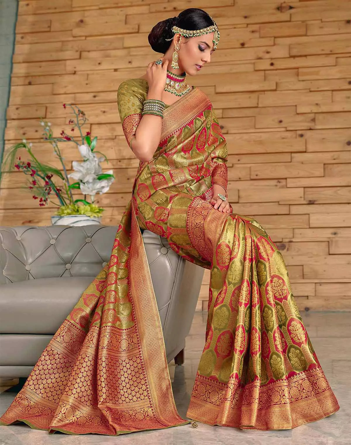 Image of Mehendi Green Botanical Meena work Padiya Banaras Tissue Saree