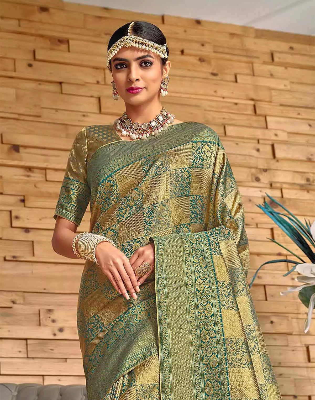 Image of Light Green Meena work Padiya Banaras Tissue Saree