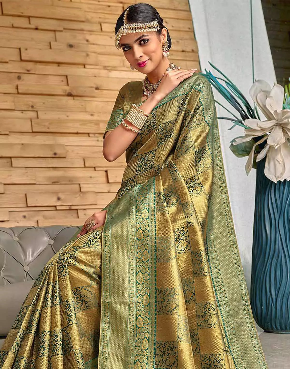 Image of Light Green Meena work Padiya Banaras Tissue Saree