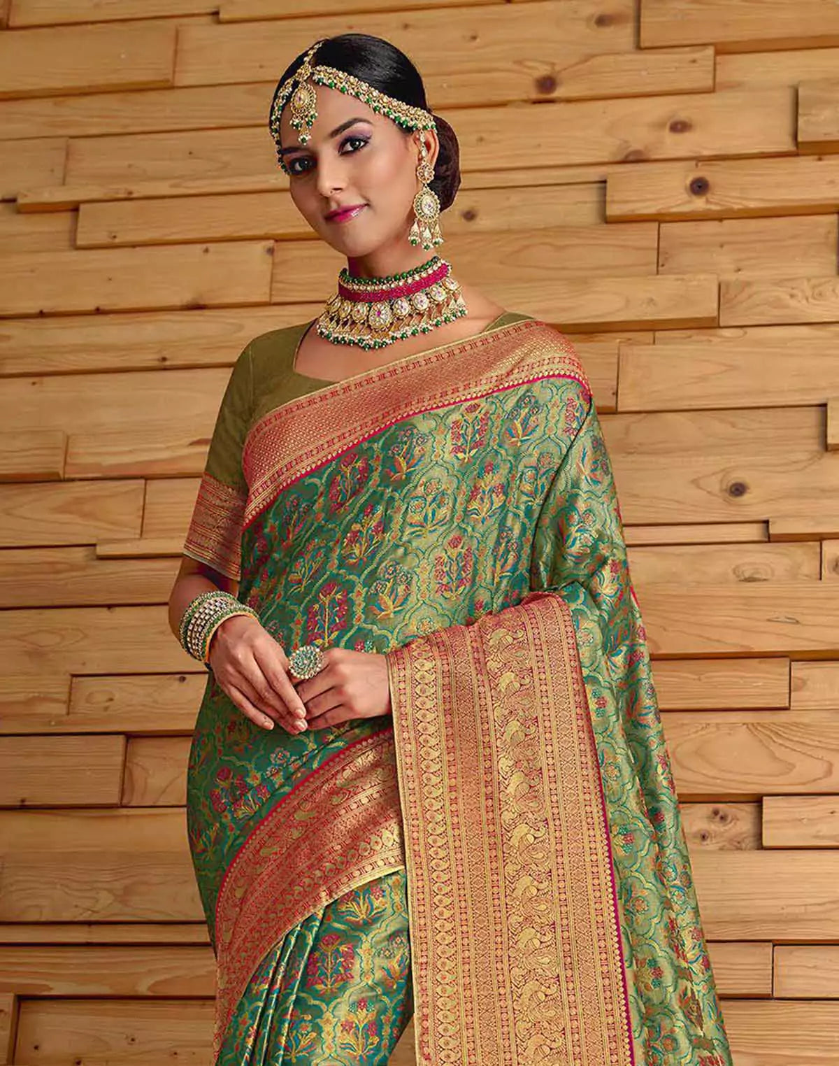 Image of Green Floral Meena work Padiya Banaras Tissue Saree