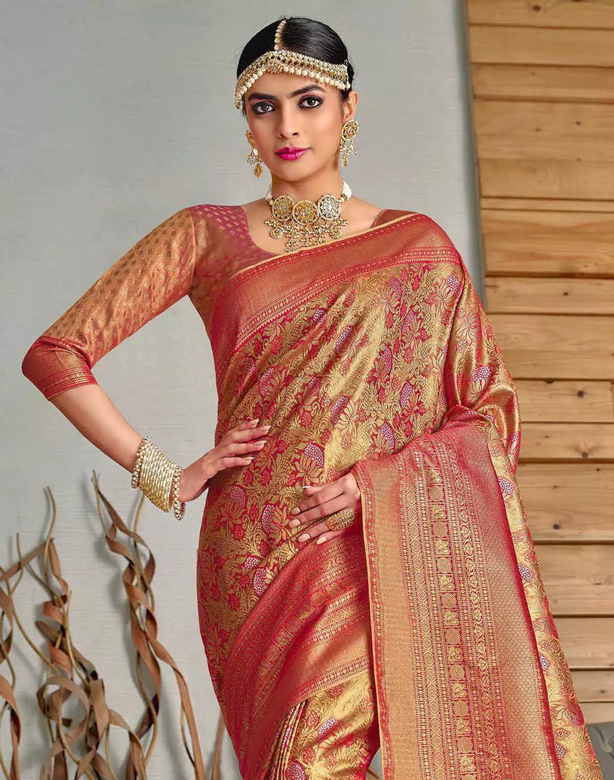 Image of Pink Floral  Meena work Padiya Banaras Tissue Saree