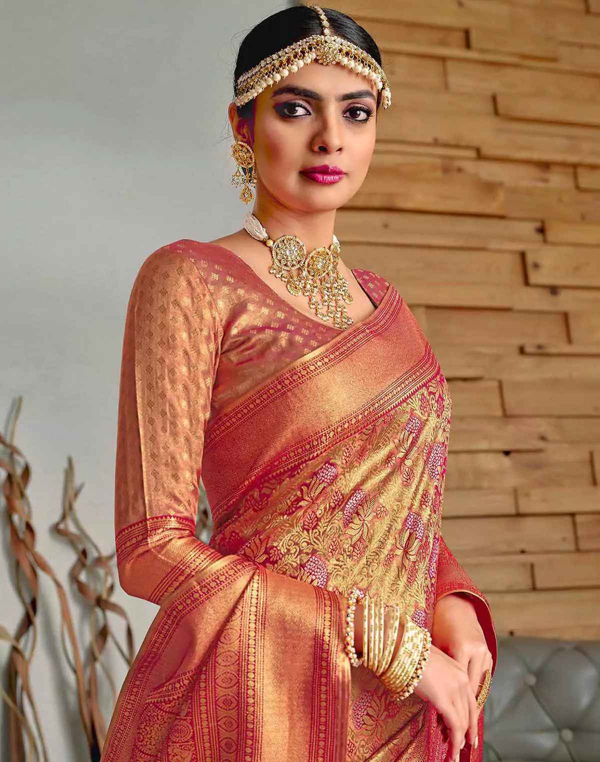 Image of Pink Floral  Meena work Padiya Banaras Tissue Saree