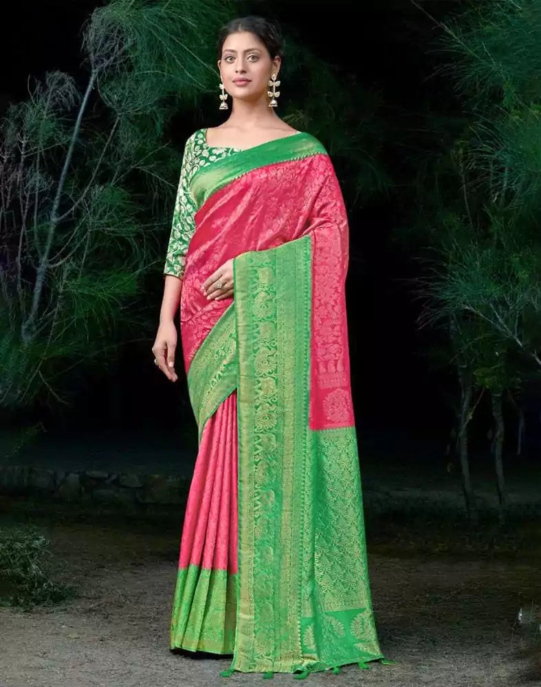 Image of Floral Pattern Pink Colour Soft Silk Saree