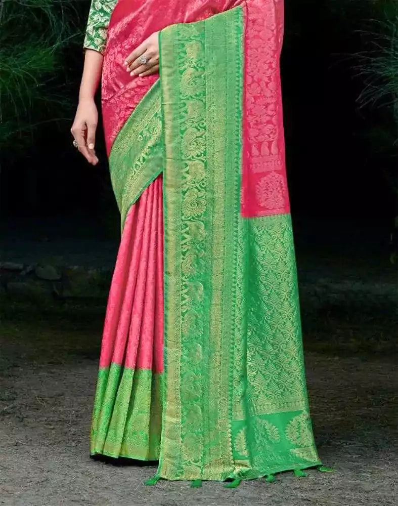 Image of Floral Pattern Pink Colour Soft Silk Saree