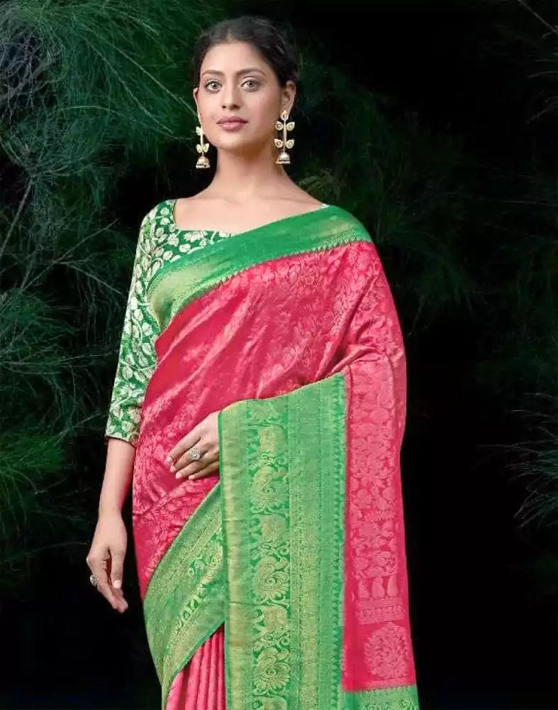 Image of Floral Pattern Pink Colour Soft Silk Saree