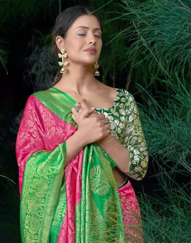 Image of Floral Pattern Pink Colour Soft Silk Saree