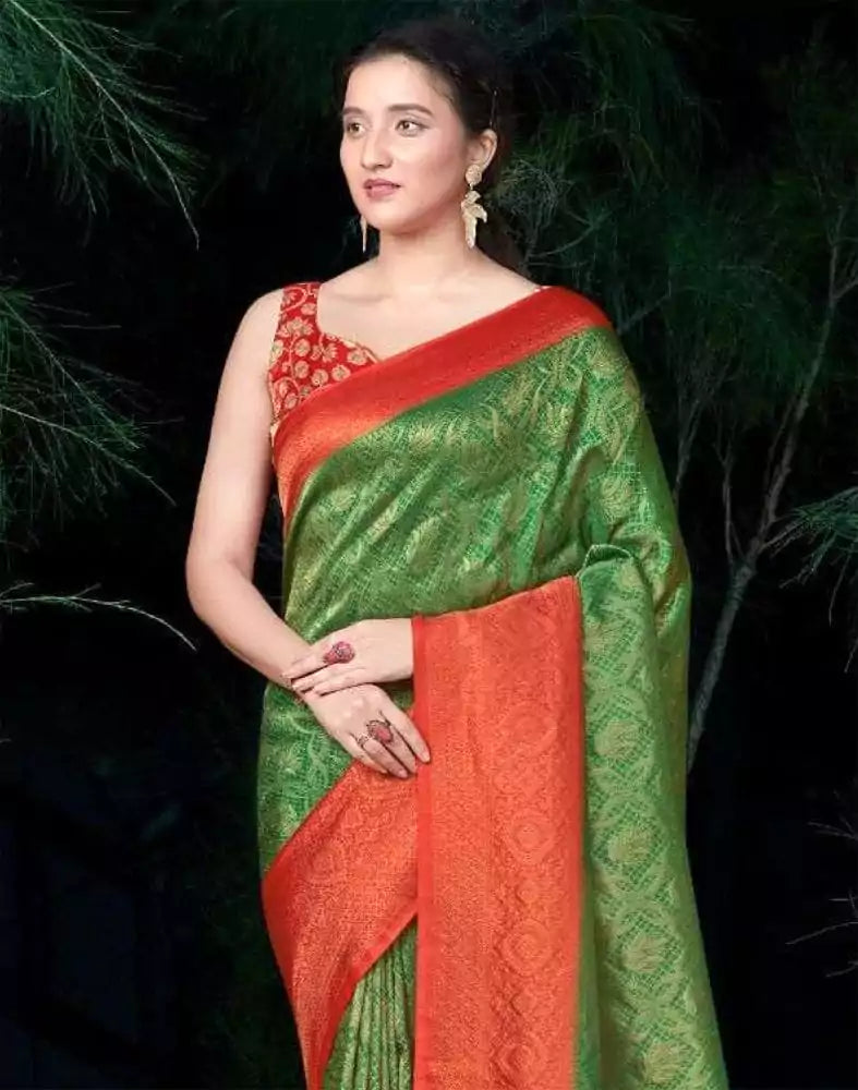 Image of Soft Silk Green Coloured Botanical Weave Saree
