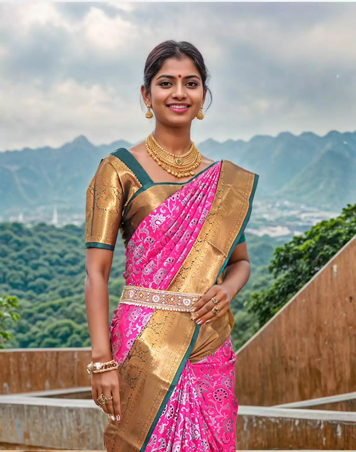 Image of Pink silver zari handmade Kanchi Pattu Contrast Saree