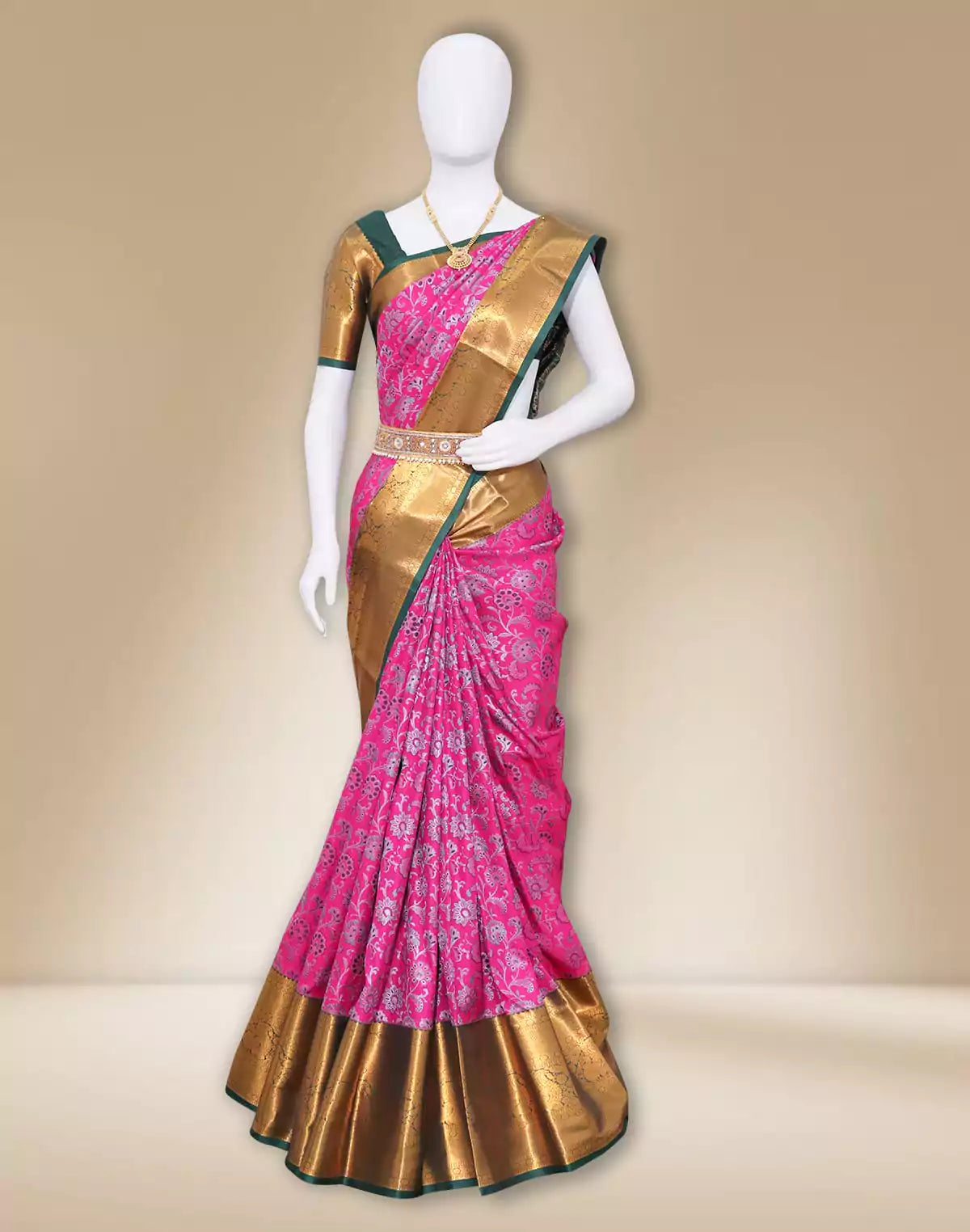 Image of Pink silver zari handmade Kanchi Pattu Contrast Saree