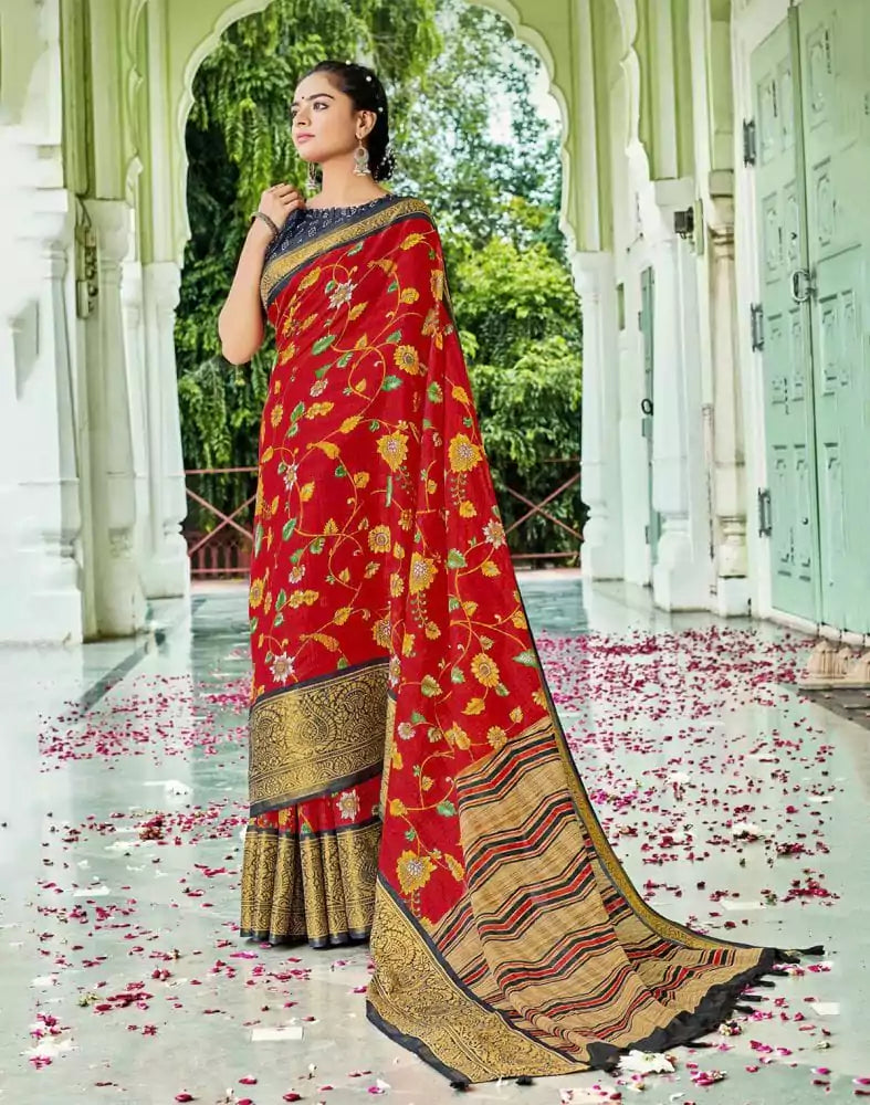 Image of Red Floral Pattern Printed Cotton Silk Saree