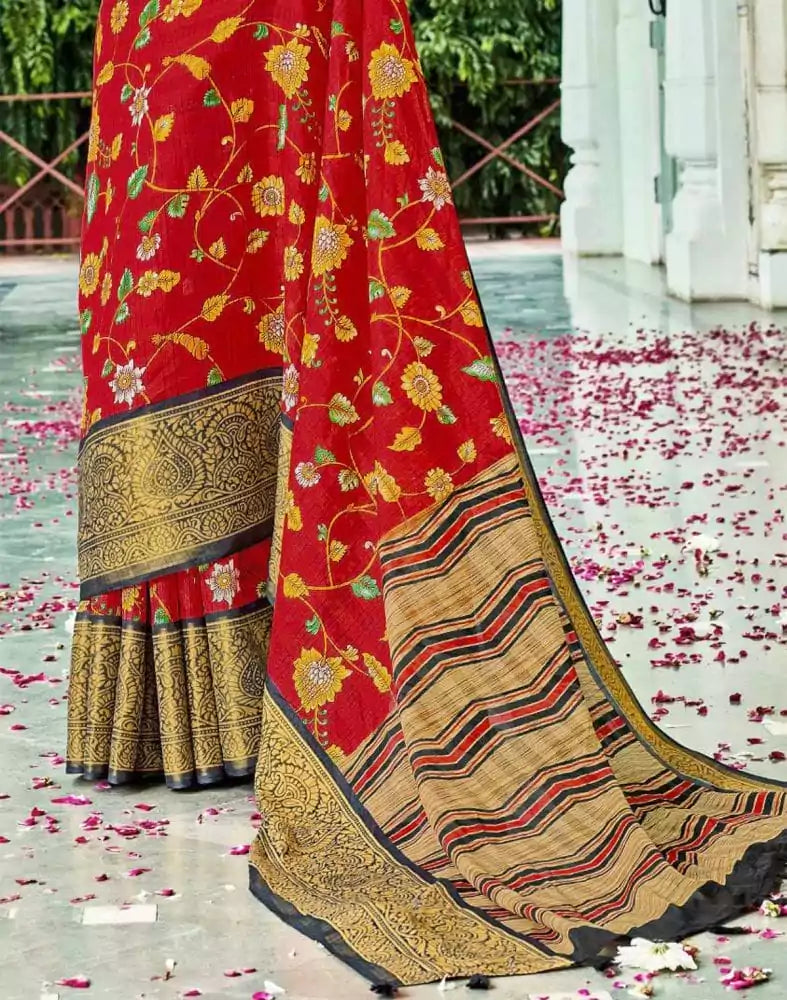 Image of Red Floral Pattern Printed Cotton Silk Saree