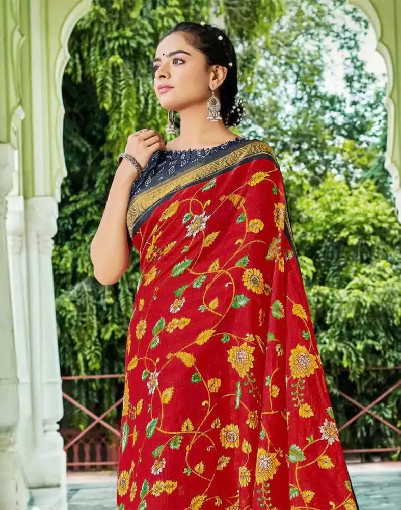 Image of Red Floral Pattern Printed Cotton Silk Saree